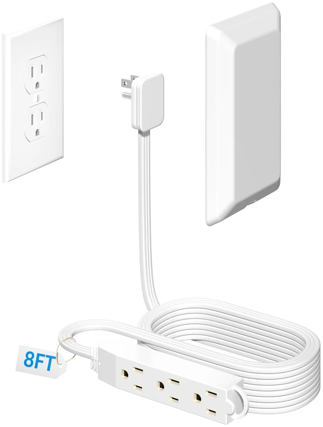 Main image of 8FT Flat Plug Extension Cord with 3 Outlet Power Strip,Ultra Thin Outlet Concealer with Outlet Covers Baby Proofing,Flat Face Outlet Extender for Home,Bedroom,Kitchen with ETL Listed,White