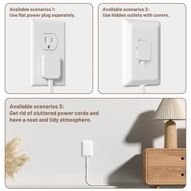 Alt view image 5 of 7 - 8FT Flat Plug Extension Cord with 3 Outlet Power Strip,Ultra Thin Outlet Concealer with Outlet Covers Baby Proofing,Flat Face Outlet Extender for Home,Bedroom,Kitchen with ETL Listed,White