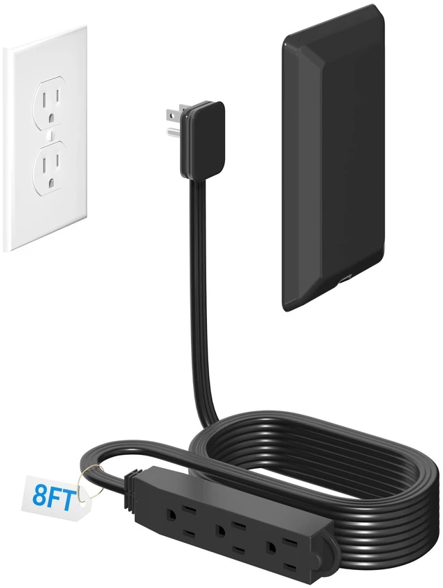 Main image of 8FT Flat Plug Extension Cord with Cord Concealer Kit,3 Outlet Power Strip,Wall Extension Cord with Flat Plug for Baby Protection,Universal Size for Home,Bathroom with ETL Listed,Black