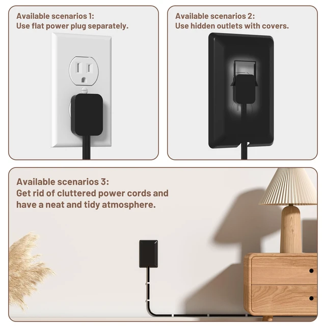 Alt view image 4 of 7 - 8FT Flat Plug Extension Cord with Cord Concealer Kit,3 Outlet Power Strip,Wall Extension Cord with Flat Plug for Baby Protection,Universal Size for Home,Bathroom with ETL Listed,Black