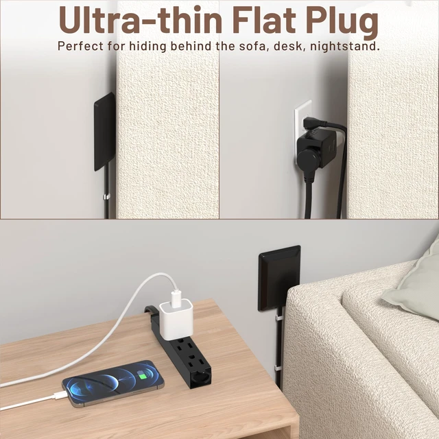 Alt view image 5 of 7 - 8FT Flat Plug Extension Cord with Cord Concealer Kit,3 Outlet Power Strip,Wall Extension Cord with Flat Plug for Baby Protection,Universal Size for Home,Bathroom with ETL Listed,Black