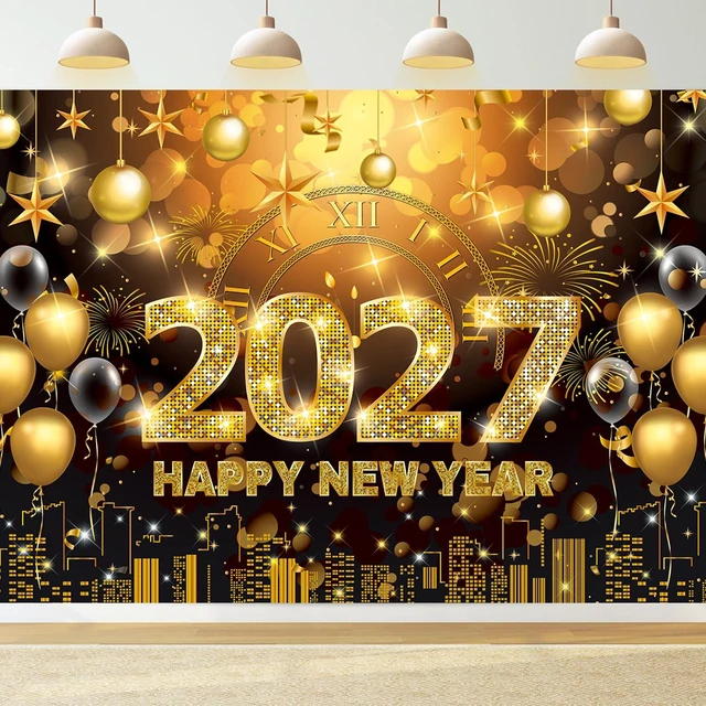 Main image of 2027 Happy New Year Banner Backdrop 10x8FT Black and Gold Fireworks New Years Eve Photography Background for NYE Decorations 2027 New Years Eve Party Supplies NYE Party Favor