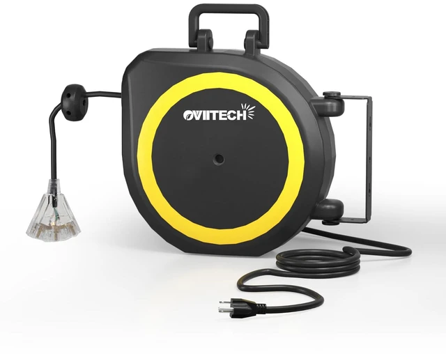 Main image of 50 Ft Retractable Extension Cord Reel,14/3 AWG SJTW Heavy Duty Power Cord, 3 Electrical Outlets,13 Amp Circuit Breaker,Black and Yellow