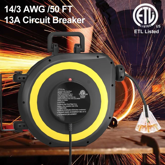 Alt view image 2 of 6 - 50 Ft Retractable Extension Cord Reel,14/3 AWG SJTW Heavy Duty Power Cord, 3 Electrical Outlets,13 Amp Circuit Breaker,Black and Yellow