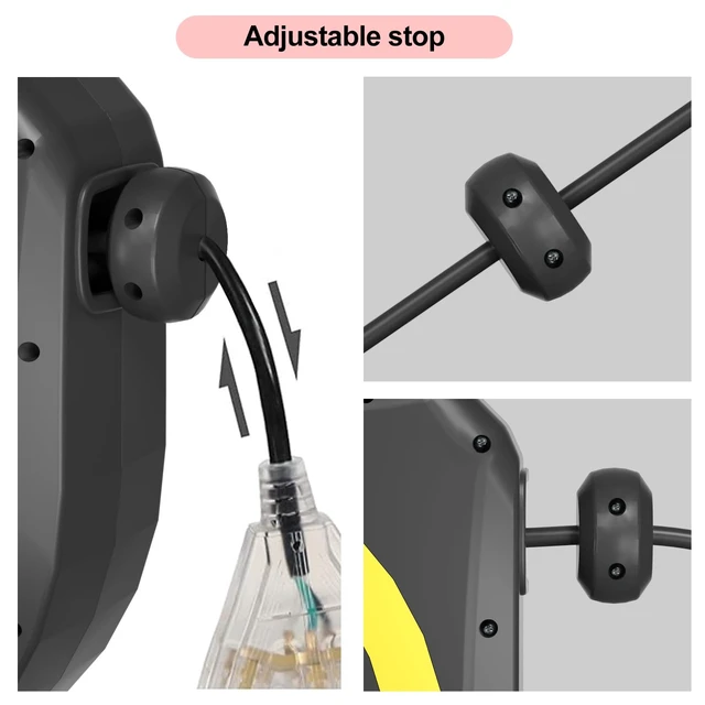 Alt view image 4 of 6 - 50 Ft Retractable Extension Cord Reel,14/3 AWG SJTW Heavy Duty Power Cord, 3 Electrical Outlets,13 Amp Circuit Breaker,Black and Yellow