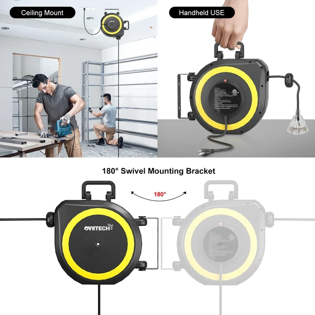 Alt view image 5 of 6 - 50 Ft Retractable Extension Cord Reel,14/3 AWG SJTW Heavy Duty Power Cord, 3 Electrical Outlets,13 Amp Circuit Breaker,Black and Yellow