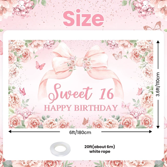 Alt view image 2 of 7 - Sweet 16 Birthday Banner for Girls Pink 16th Birthday Backdrop 6 x 3.6 ft, Pink Floral Bow Sweet 16 Birthday Decorations Sweet Sixteen Photo Background Girls Happy 16th Bday Party Supplies