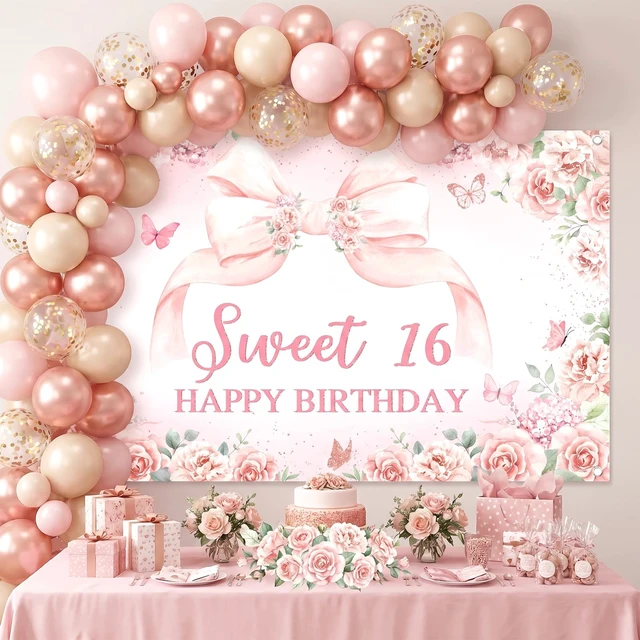 Alt view image 3 of 7 - Sweet 16 Birthday Banner for Girls Pink 16th Birthday Backdrop 6 x 3.6 ft, Pink Floral Bow Sweet 16 Birthday Decorations Sweet Sixteen Photo Background Girls Happy 16th Bday Party Supplies