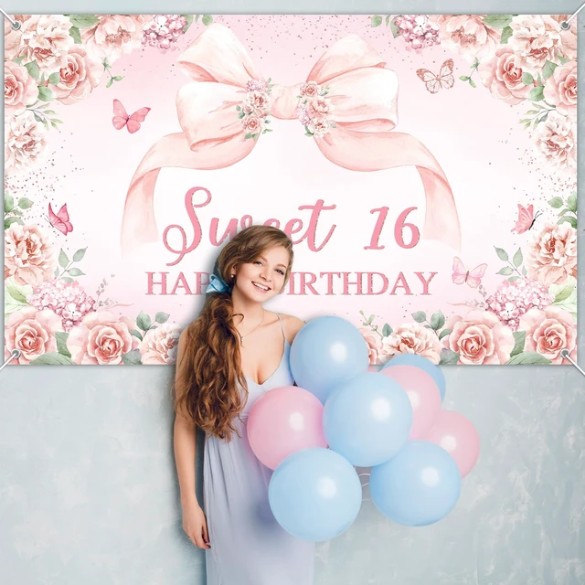 Alt view image 4 of 7 - Sweet 16 Birthday Banner for Girls Pink 16th Birthday Backdrop 6 x 3.6 ft, Pink Floral Bow Sweet 16 Birthday Decorations Sweet Sixteen Photo Background Girls Happy 16th Bday Party Supplies
