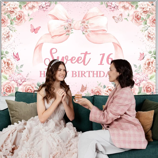 Alt view image 6 of 7 - Sweet 16 Birthday Banner for Girls Pink 16th Birthday Backdrop 6 x 3.6 ft, Pink Floral Bow Sweet 16 Birthday Decorations Sweet Sixteen Photo Background Girls Happy 16th Bday Party Supplies