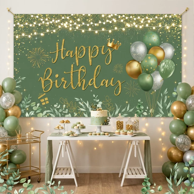 Alt view image 2 of 6 - Green Happy Birthday Backdrop Banner Decorations for Women 6x3.6ft Polyester Material Green Gold Decorations Banner for Birthday Party