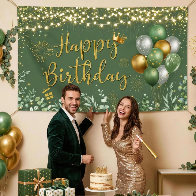 Alt view image 3 of 6 - Green Happy Birthday Backdrop Banner Decorations for Women 6x3.6ft Polyester Material Green Gold Decorations Banner for Birthday Party