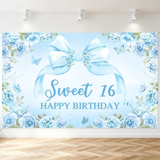 Main image of Sweet 16 Birthday Banner for Girls Blue 16th Birthday Backdrop 6 x 3.6 ft, Blue Floral Bow Sweet 16 Birthday Decorations Sweet Sixteen Photo Background Girls Happy 16th Bday Party Supplies