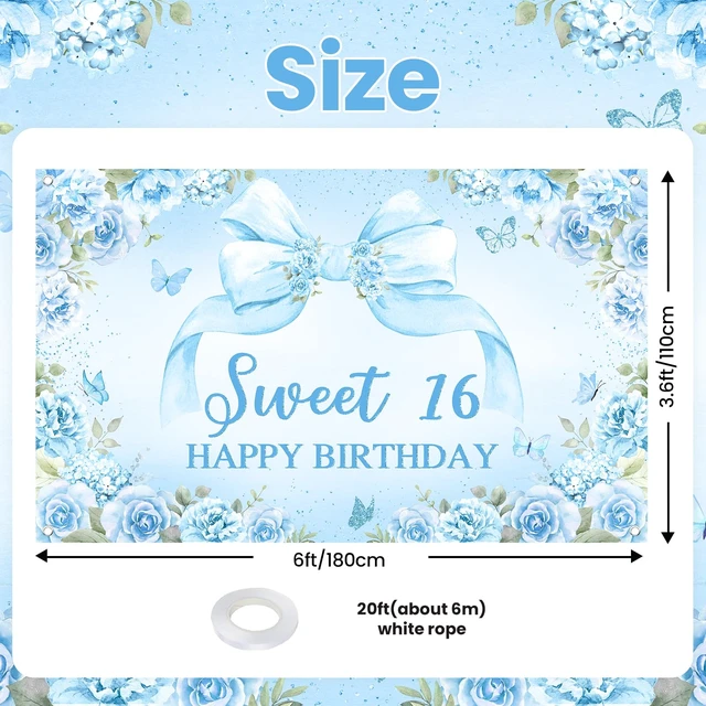 Alt view image 2 of 7 - Sweet 16 Birthday Banner for Girls Blue 16th Birthday Backdrop 6 x 3.6 ft, Blue Floral Bow Sweet 16 Birthday Decorations Sweet Sixteen Photo Background Girls Happy 16th Bday Party Supplies