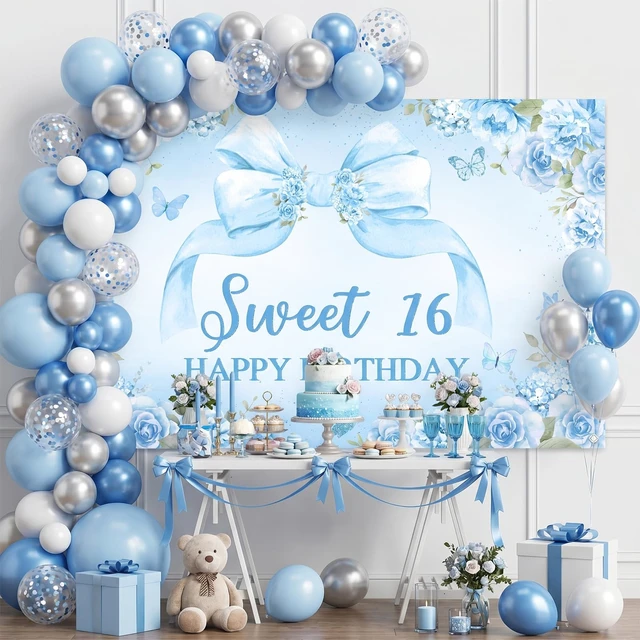 Alt view image 3 of 7 - Sweet 16 Birthday Banner for Girls Blue 16th Birthday Backdrop 6 x 3.6 ft, Blue Floral Bow Sweet 16 Birthday Decorations Sweet Sixteen Photo Background Girls Happy 16th Bday Party Supplies