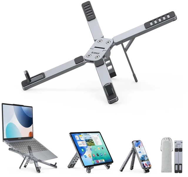 Main image of Portable Laptop Stand for Travel & Desk, Foldable 3-in-1 PN1, Gray Aluminum Alloy, 5 Adjustable Heights, Up to 17" Laptops, Tablets & Phones, 5kg Capacity, Silicone Pads, Storage Pouch