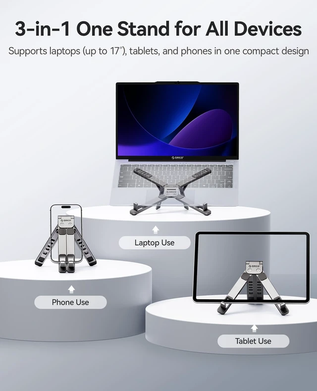 Alt view image 2 of 7 - Portable Laptop Stand for Travel & Desk, Foldable 3-in-1 PN1, Gray Aluminum Alloy, 5 Adjustable Heights, Up to 17" Laptops, Tablets & Phones, 5kg Capacity, Silicone Pads, Storage Pouch