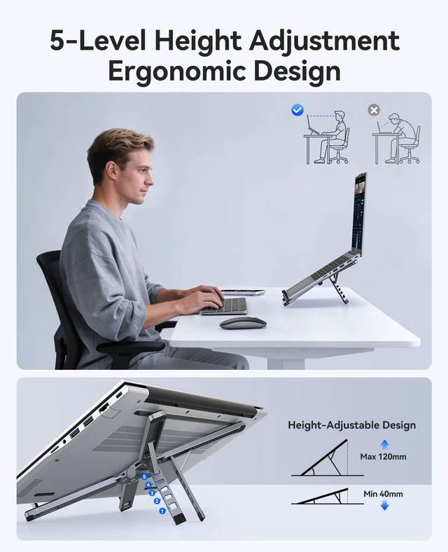 Alt view image 3 of 7 - Portable Laptop Stand for Travel & Desk, Foldable 3-in-1 PN1, Gray Aluminum Alloy, 5 Adjustable Heights, Up to 17" Laptops, Tablets & Phones, 5kg Capacity, Silicone Pads, Storage Pouch