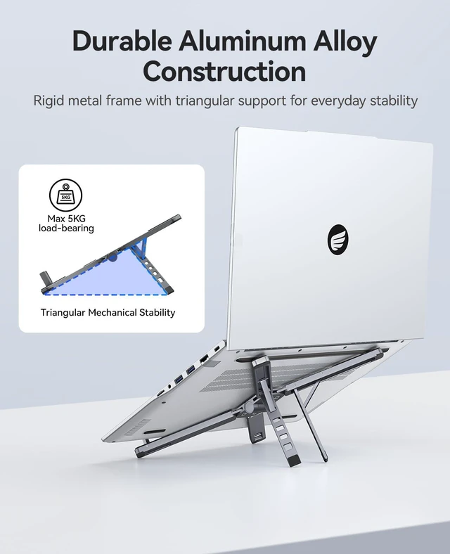 Alt view image 4 of 7 - Portable Laptop Stand for Travel & Desk, Foldable 3-in-1 PN1, Gray Aluminum Alloy, 5 Adjustable Heights, Up to 17" Laptops, Tablets & Phones, 5kg Capacity, Silicone Pads, Storage Pouch