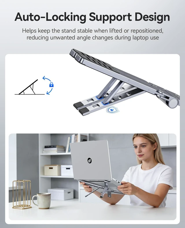 Alt view image 5 of 7 - Portable Laptop Stand for Travel & Desk, Foldable 3-in-1 PN1, Gray Aluminum Alloy, 5 Adjustable Heights, Up to 17" Laptops, Tablets & Phones, 5kg Capacity, Silicone Pads, Storage Pouch