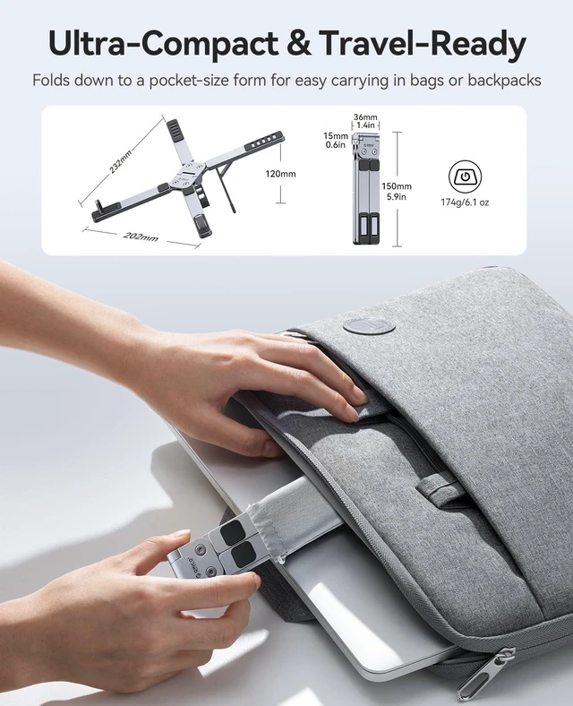 Alt view image 6 of 7 - Portable Laptop Stand for Travel & Desk, Foldable 3-in-1 PN1, Gray Aluminum Alloy, 5 Adjustable Heights, Up to 17" Laptops, Tablets & Phones, 5kg Capacity, Silicone Pads, Storage Pouch
