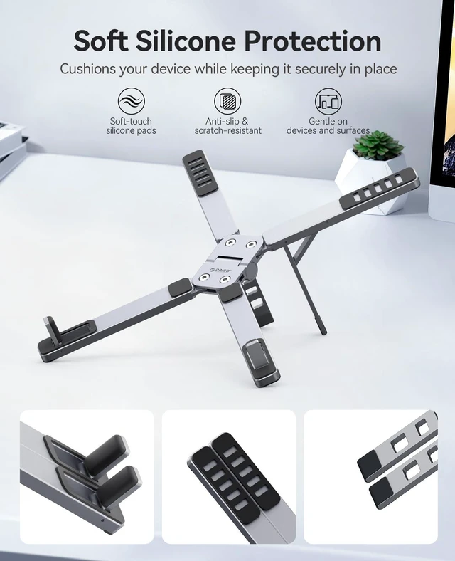 Alt view image 7 of 7 - Portable Laptop Stand for Travel & Desk, Foldable 3-in-1 PN1, Gray Aluminum Alloy, 5 Adjustable Heights, Up to 17" Laptops, Tablets & Phones, 5kg Capacity, Silicone Pads, Storage Pouch