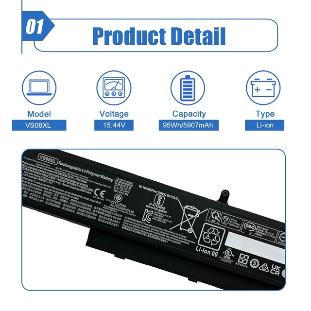 Alt view image 2 of 6 - 95Wh VS08XL Laptop Battery Compatible with HP ZBook Fury 16 G9 ZBook Fury 16 G10 ZBook Fury 16 G11 Mobile Workstation Series M86087-005 M85951-271 M86087-001 15.44V 5907mAh