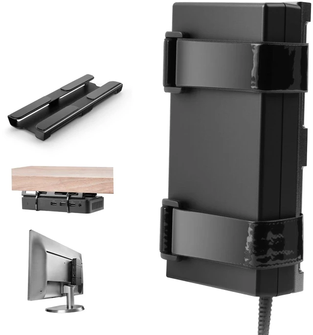 Main image of Universal Metal Laptop Charger Holder, Under Desk & Vesa Mount Adjustable Power Brick Bracket, Under Desk Mount Organizer for Docking Stations & USB-C Hubs, Secure Supply Holder, Black