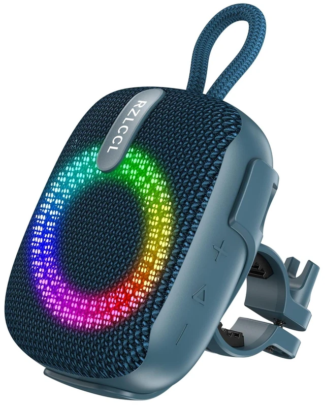Main image of Portable Bike Bluetooth Speaker with Handlebar Mount IPX67 Blue 8W stereo, dual EQ, BT 6.0, TWS, 8 RGB lights, built-in mic, TF card, 6H playtime for cycling shower scooter camping outdoor