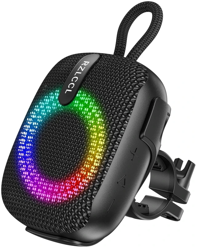 Main image of Portable Bike Bluetooth Speaker with Handlebar Mount IPX67 Black 8W stereo, dual EQ, BT 6.0, TWS, 8 RGB lights, built-in mic, TF card, 6H playtime for cycling shower scooter camping outdoor