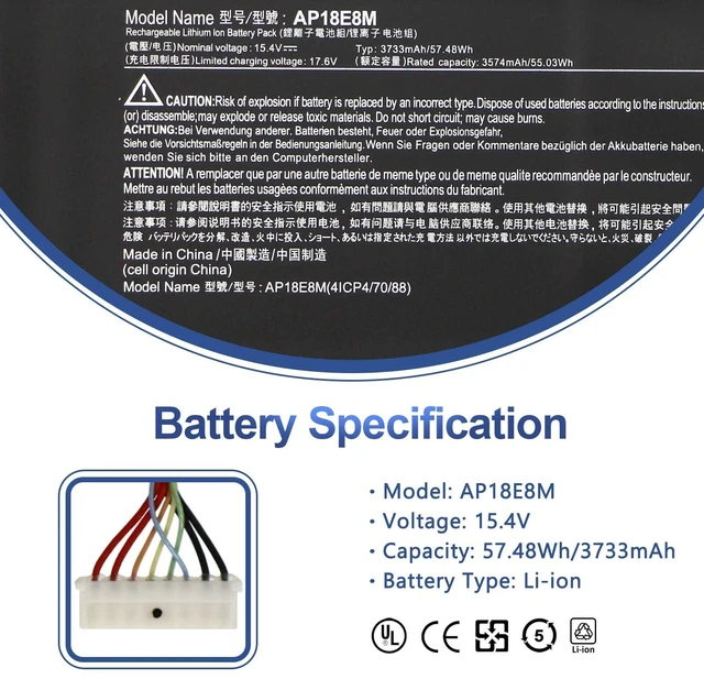 Alt view image 2 of 7 - AP18E7M AP18E8M Laptop Battery for Acer Nitro 5 AN515/ Nitro 7 AN715 AN515-54 AN517-51 AN515-55 AN515-52 AN515-43/44/45 AN715-51/52, Aspire 7 A715-74G, Predator Helios 300 PH315-52/ 53 PH317-53