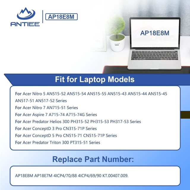 Alt view image 4 of 7 - AP18E7M AP18E8M Laptop Battery for Acer Nitro 5 AN515/ Nitro 7 AN715 AN515-54 AN517-51 AN515-55 AN515-52 AN515-43/44/45 AN715-51/52, Aspire 7 A715-74G, Predator Helios 300 PH315-52/ 53 PH317-53