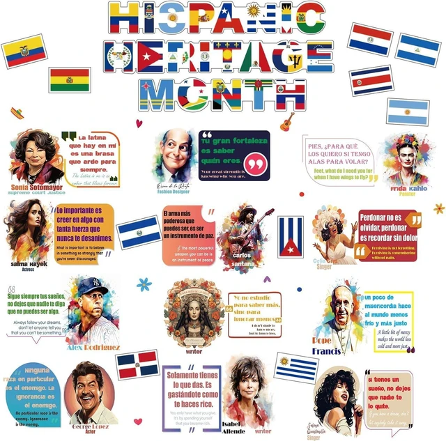 Main image of 60 Pcs Bilingual Hispanic Heritage Month Sticker Set Spanish & English Diecut Vinyl Decals for Classroom Bulletin Boards, Laptops, Water Bottles, Phones