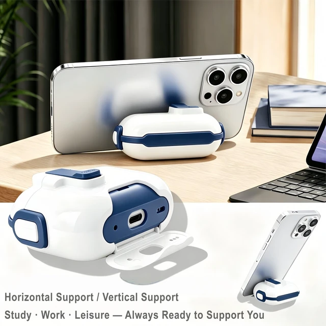 Alt view image 3 of 7 - for AirPods 5/4 Case (2026/2024), with Lock & Phone Stand & Cute Automatic Snap Switch Secure Cover with Cleaner Kit & Carabiner Keychain & Braided Lanyard (Blue, Airpods 5/4)