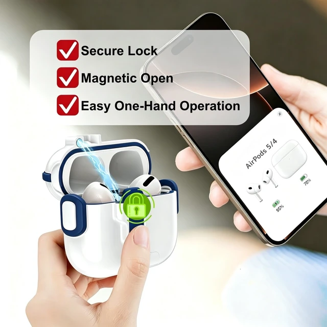Alt view image 4 of 7 - for AirPods 5/4 Case (2026/2024), with Lock & Phone Stand & Cute Automatic Snap Switch Secure Cover with Cleaner Kit & Carabiner Keychain & Braided Lanyard (Blue, Airpods 5/4)