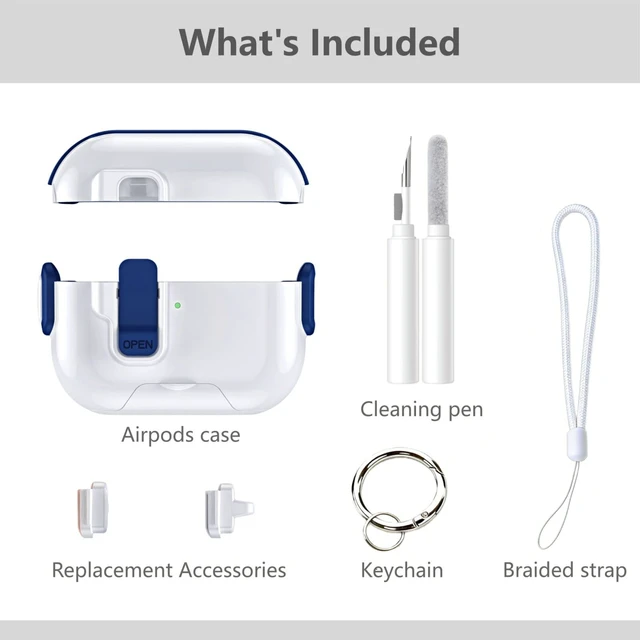 Alt view image 7 of 7 - for AirPods 5/4 Case (2026/2024), with Lock & Phone Stand & Cute Automatic Snap Switch Secure Cover with Cleaner Kit & Carabiner Keychain & Braided Lanyard (Blue, Airpods 5/4)