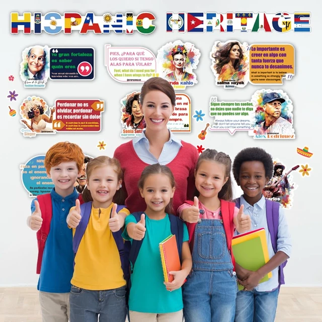 Alt view image 5 of 7 - 60 Pcs Bilingual Hispanic Heritage Month Sticker Set Spanish & English Diecut Vinyl Decals for Classroom Bulletin Boards, Laptops, Water Bottles, Phones