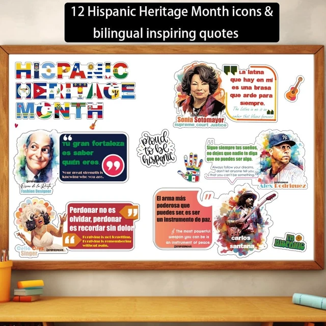Alt view image 6 of 7 - 60 Pcs Bilingual Hispanic Heritage Month Sticker Set Spanish & English Diecut Vinyl Decals for Classroom Bulletin Boards, Laptops, Water Bottles, Phones