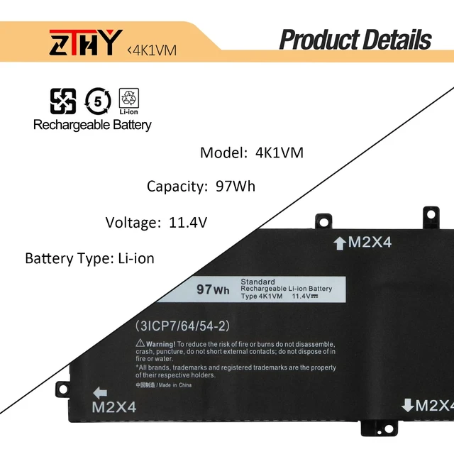 Alt view image 3 of 7 - 4K1VM Laptop Battery Replacement for Dell G7 17 7700 Gaming/Vostro 15 7500 XPS 15 9560 9570 7590 /Inspiron 15 7501 7590 7591 /Precision 5520 5530 5540 Series 6GTPY 11.4V 6-Cell 97Wh
