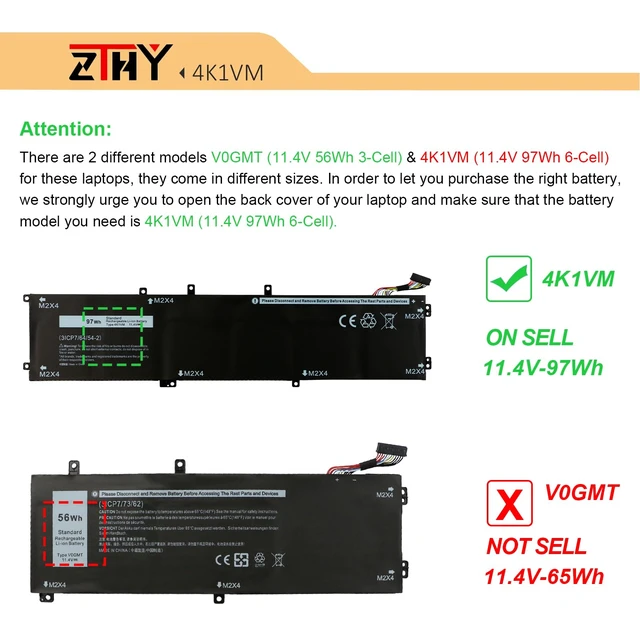 Alt view image 4 of 7 - 4K1VM Laptop Battery Replacement for Dell G7 17 7700 Gaming/Vostro 15 7500 XPS 15 9560 9570 7590 /Inspiron 15 7501 7590 7591 /Precision 5520 5530 5540 Series 6GTPY 11.4V 6-Cell 97Wh