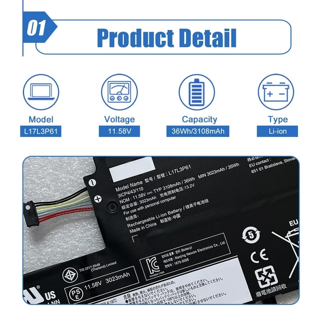Alt view image 2 of 6 - L17L3P61 Laptop Battery Compatible with Lenovo Ideapad Yoga 720-12IKB 330-11IGM 320S-13IKB Flex 6-11IGM 7000-13 Series Notebook L17M3P61 L17C3P61 11.58V 36W 3108mAh 3Cells