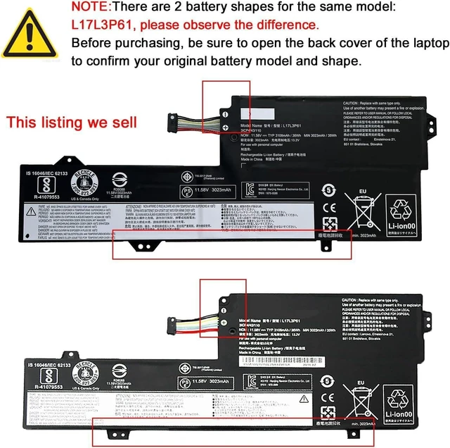 Alt view image 3 of 6 - L17L3P61 Laptop Battery Compatible with Lenovo Ideapad Yoga 720-12IKB 330-11IGM 320S-13IKB Flex 6-11IGM 7000-13 Series Notebook L17M3P61 L17C3P61 11.58V 36W 3108mAh 3Cells