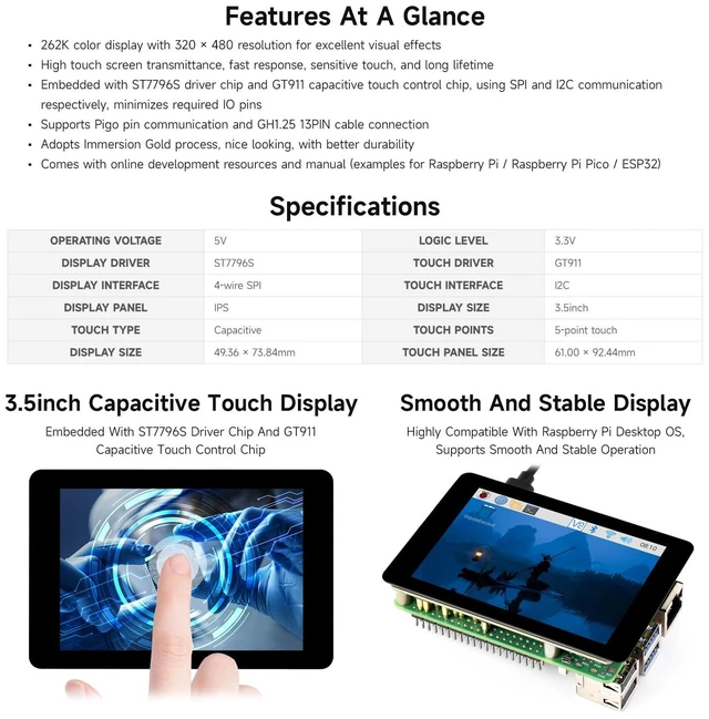 Alt view image 4 of 7 - 3.5inch Capacitive Touch Display, Compatible with Raspberry Pi 5/4B/3B, Pi Pico, IPS Panel, 320×480, 5-Point Touch, Immersion Gold Process, Toughened Glass Panel
