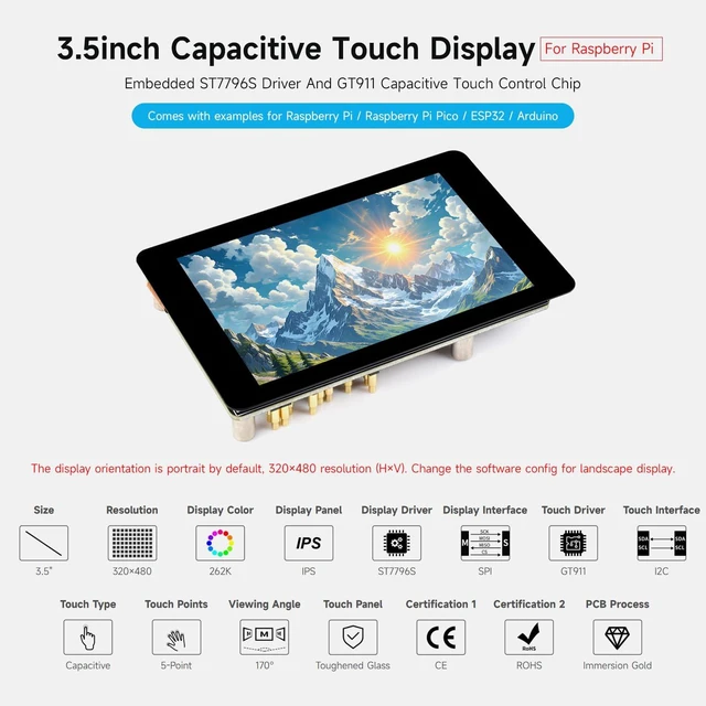 Alt view image 3 of 7 - 3.5inch Capacitive Touch Display, Compatible with Raspberry Pi 5/4B/3B, Pi Pico, IPS Panel, 320×480, 5-Point Touch, Immersion Gold Process, Toughened Glass Panel