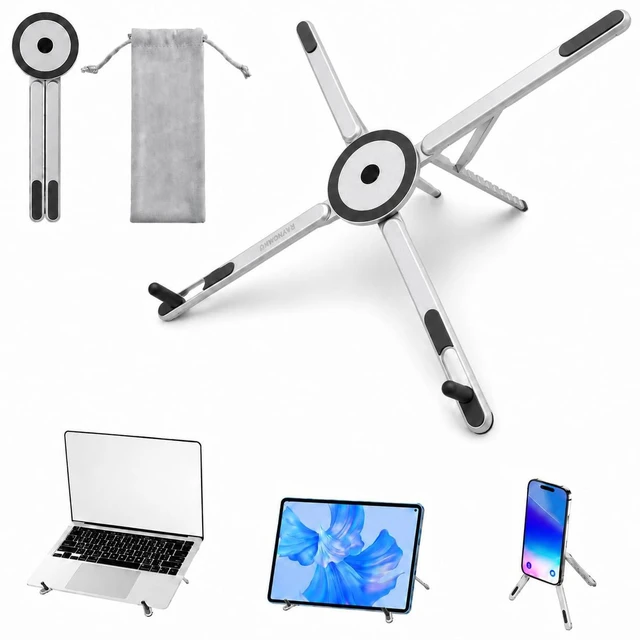 Main image of 3-in-1 Portable Laptop Stand Magnetic Phone Holder Foldable Riser 8-Level Height Adjustable All Aluminum Design Anti-slip Silicone Pad for Home Travel Desk, Sliver