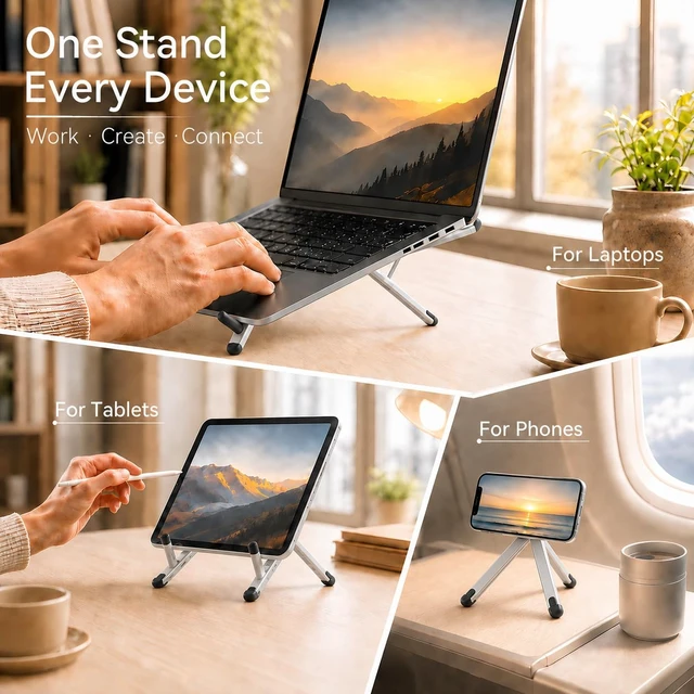 Alt view image 2 of 7 - 3-in-1 Portable Laptop Stand Magnetic Phone Holder Foldable Riser 8-Level Height Adjustable All Aluminum Design Anti-slip Silicone Pad for Home Travel Desk, Sliver