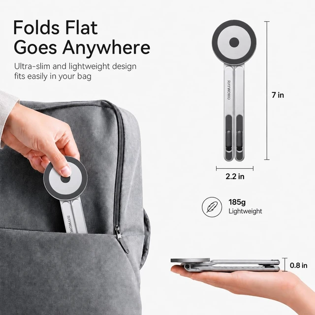 Alt view image 4 of 7 - 3-in-1 Portable Laptop Stand Magnetic Phone Holder Foldable Riser 8-Level Height Adjustable All Aluminum Design Anti-slip Silicone Pad for Home Travel Desk, Sliver