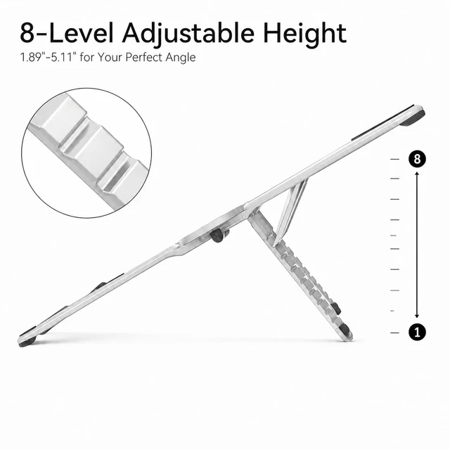 Alt view image 5 of 7 - 3-in-1 Portable Laptop Stand Magnetic Phone Holder Foldable Riser 8-Level Height Adjustable All Aluminum Design Anti-slip Silicone Pad for Home Travel Desk, Sliver