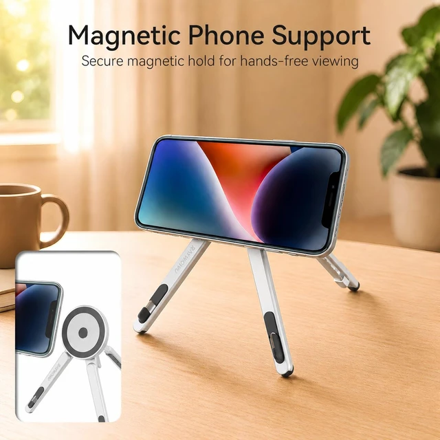 Alt view image 3 of 7 - 3-in-1 Portable Laptop Stand Magnetic Phone Holder Foldable Riser 8-Level Height Adjustable All Aluminum Design Anti-slip Silicone Pad for Home Travel Desk, Sliver