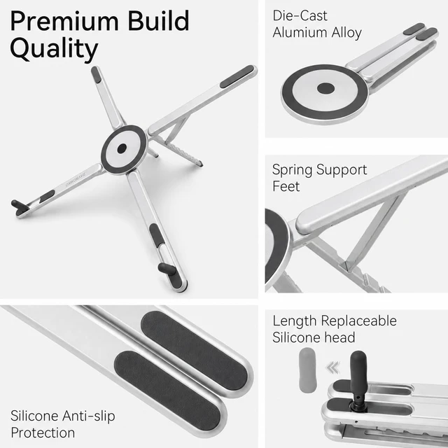 Alt view image 6 of 7 - 3-in-1 Portable Laptop Stand Magnetic Phone Holder Foldable Riser 8-Level Height Adjustable All Aluminum Design Anti-slip Silicone Pad for Home Travel Desk, Sliver
